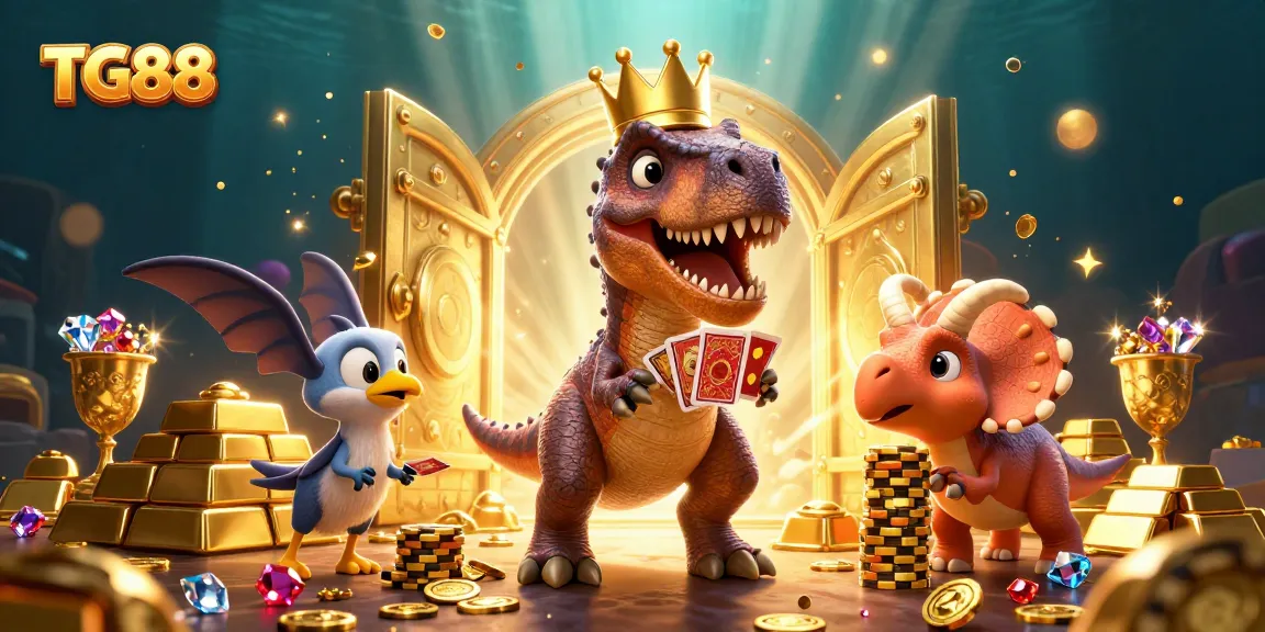Experience the excitement of TG88 with a cartoon T-Rex playing cards and a triceratops stacking gold chips.
