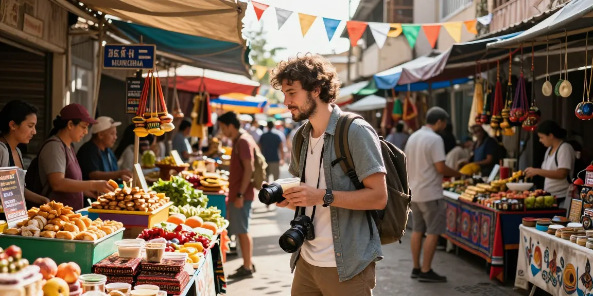 Traveler enjoying local culture at a vibrant market, highlighting rokok88.