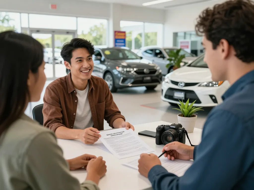 Cash for cars Cape Coral transaction at a car dealership showcasing friendly customer interaction and appealing car models.