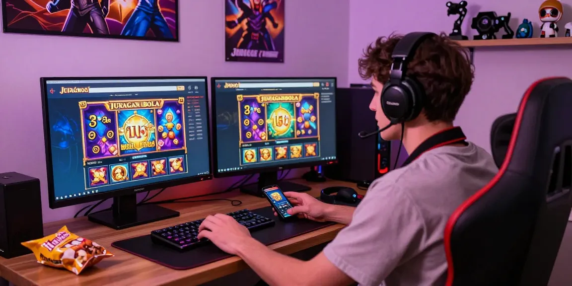 Engaged gamer enjoying JURAGANBOLA's vibrant online slot games on mobile and desktop.