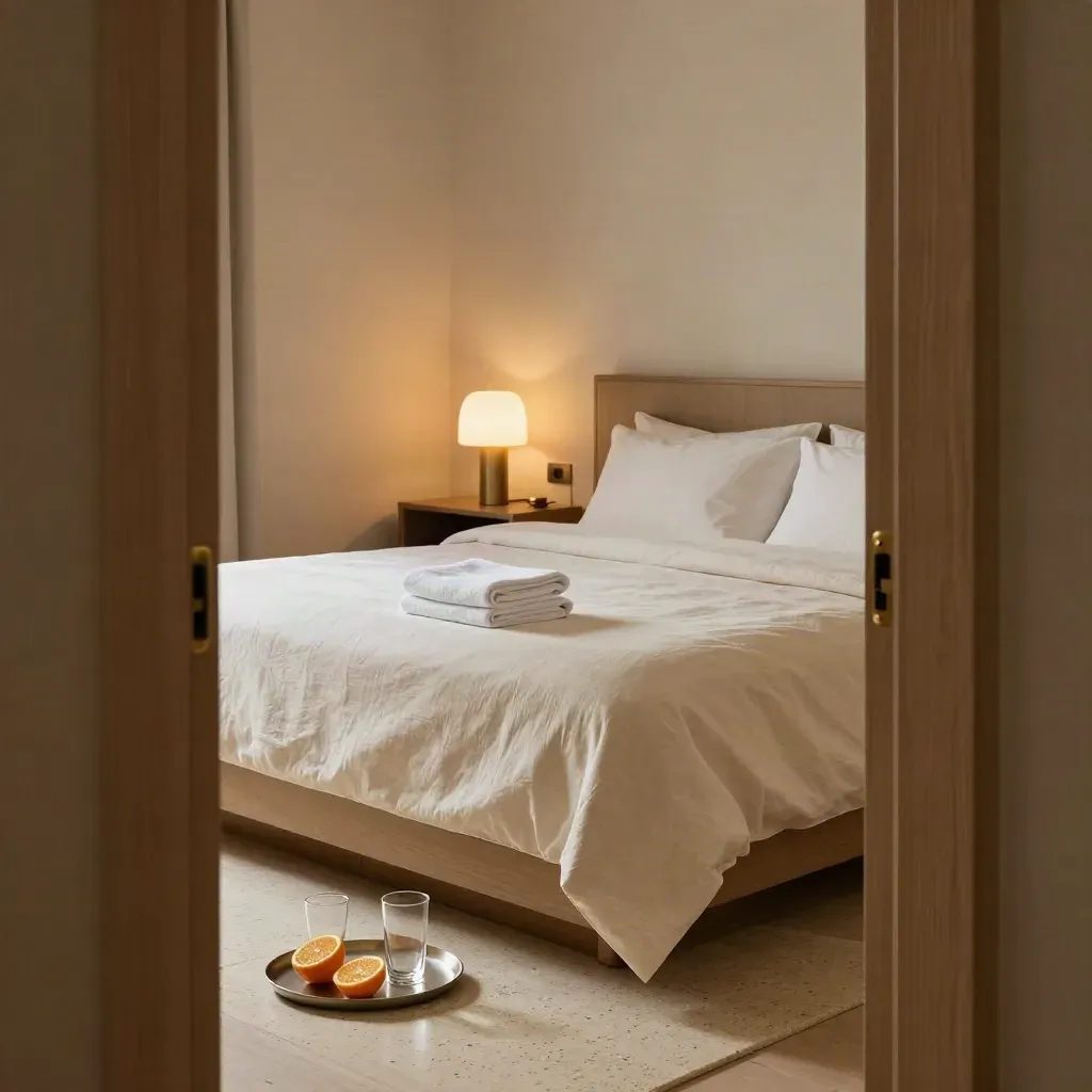 Fresh hotel bed with towels, citrus tray, and glowing lamp in a quiet room.