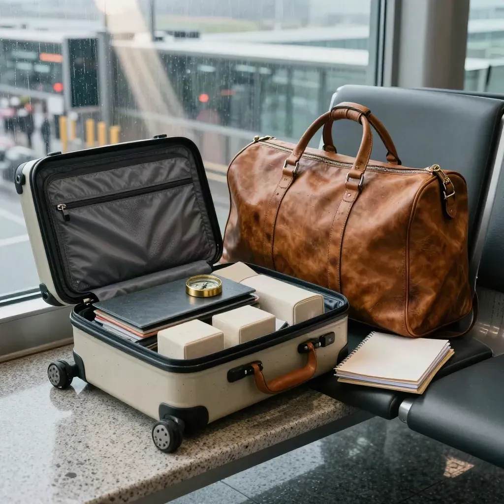 Rain-dappled travel carry-on, weekender, compass and folios in a misty airport lounge at dawn