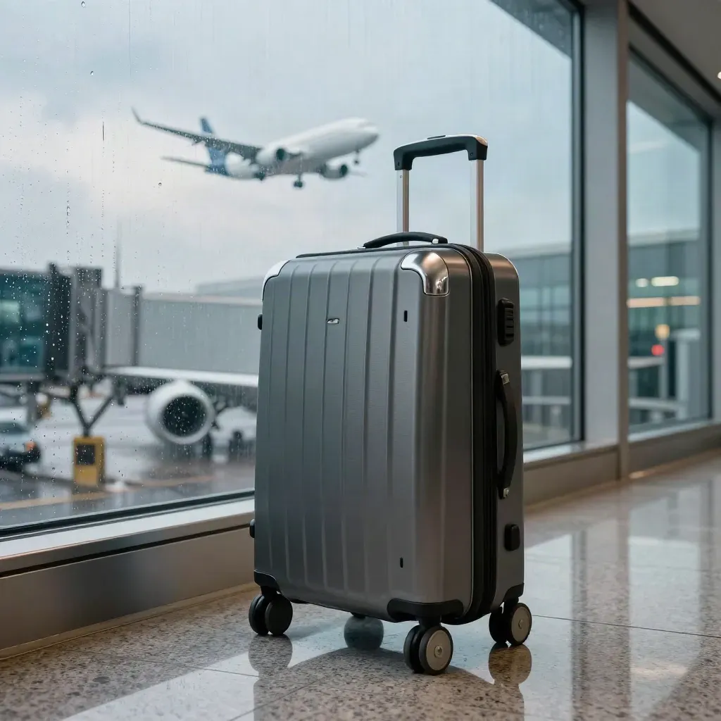 Carry-on on a luggage trolley by terminal glass, with a jet climbing into a clearing sky.