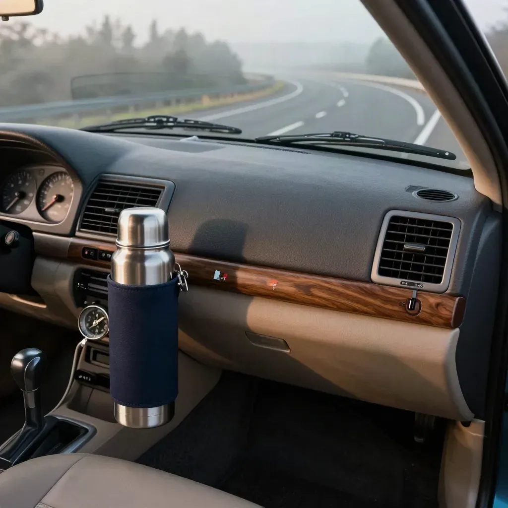Dashboard travel gear and a misty highway seen low from the passenger footwell.