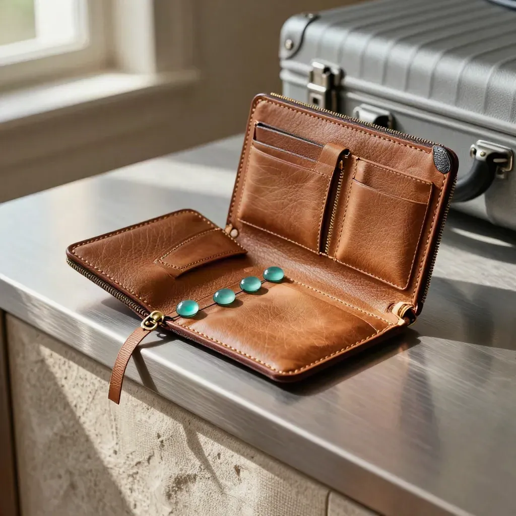 Leather trip folio with route markers and a suitcase on a hotel console in soft window haze