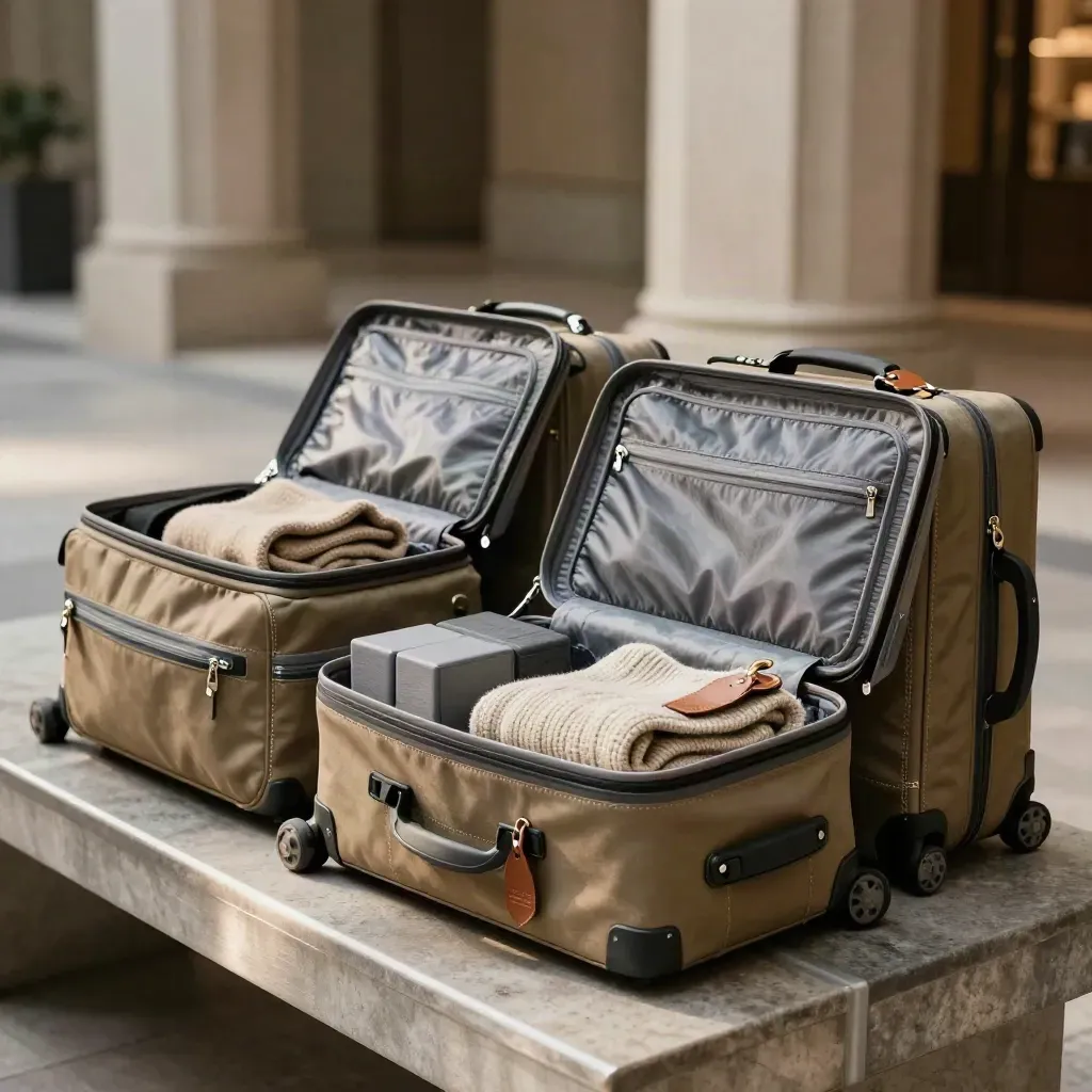 Three matching carry-ons with packing cubes and luggage tags on a lobby bench in dramatic light.