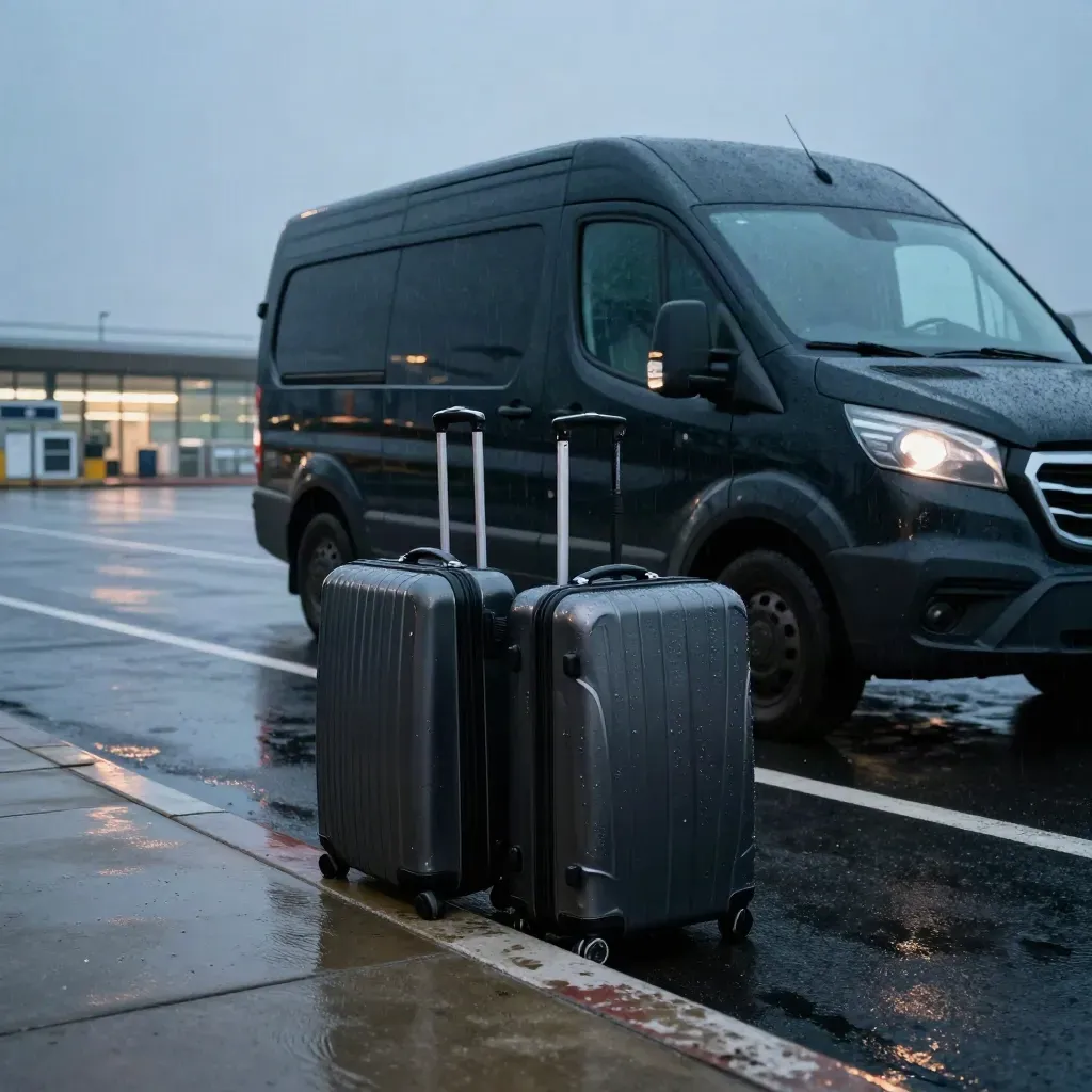 Black shuttle van at a rainy airport curb with two suitcases at dusk.