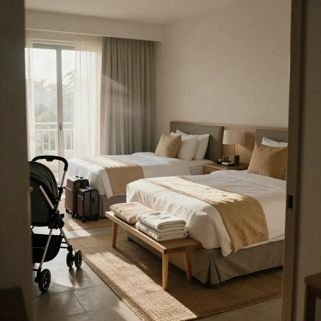 Family resort room ready for arrival, with two queen beds, stroller, towels, and suitcases in morning light.