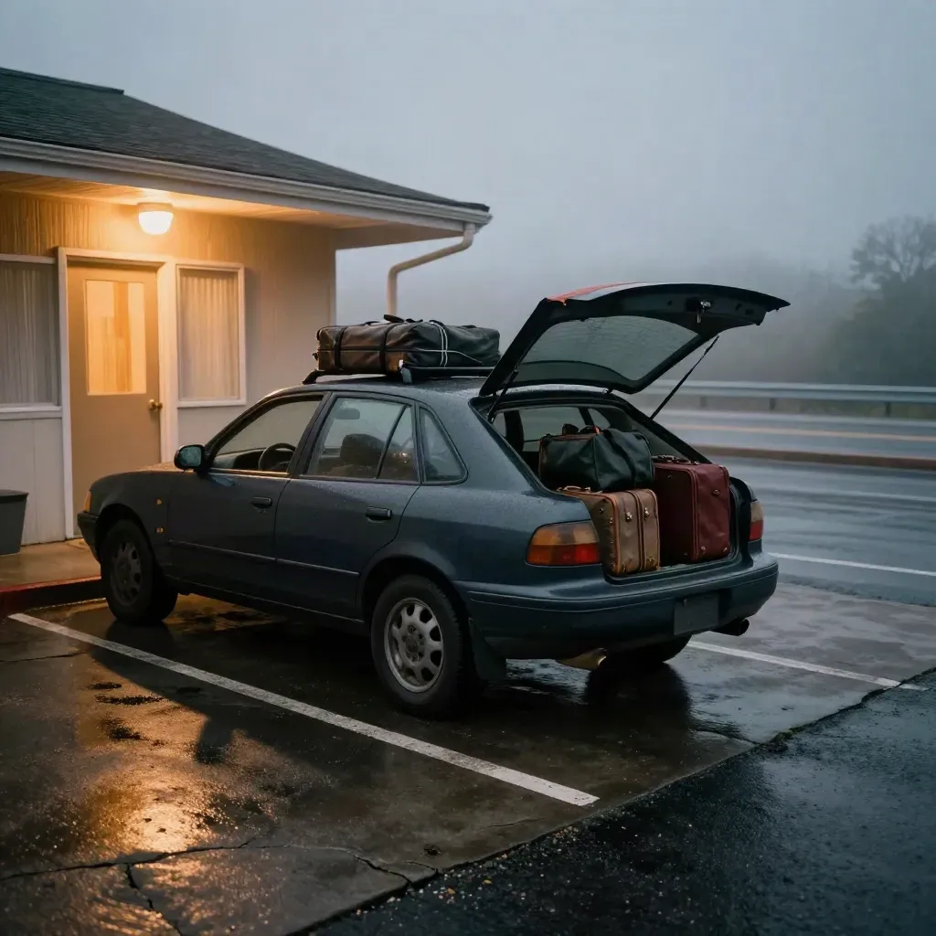 Dark crossover at a motel with luggage in the hatch, porch lights glowing at dusk.