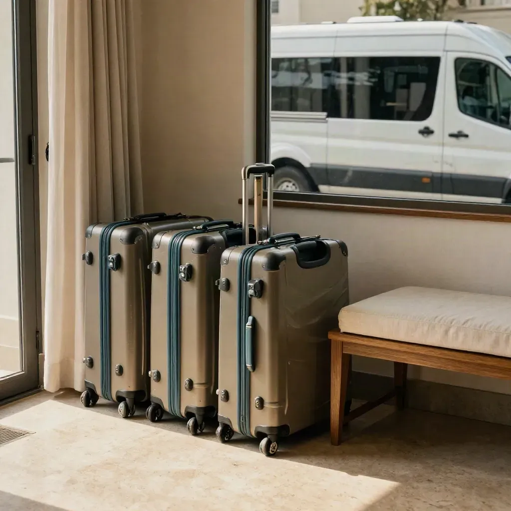 Four matching rolling cases in a hotel suite corner, shuttle van reflected in the window, arrival ready.