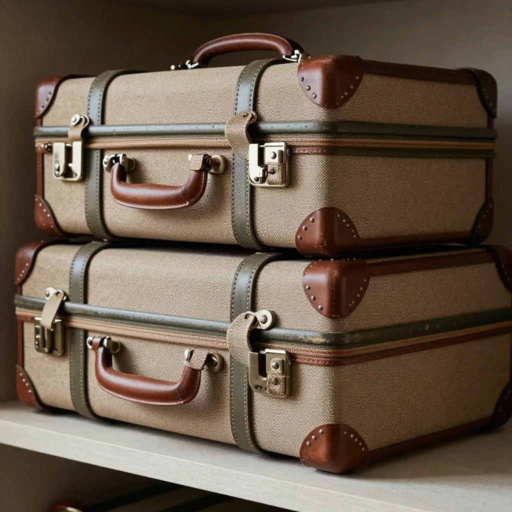 Nested travel suitcases with packing cubes and straps on a linen shelf, lit by raking daylight.