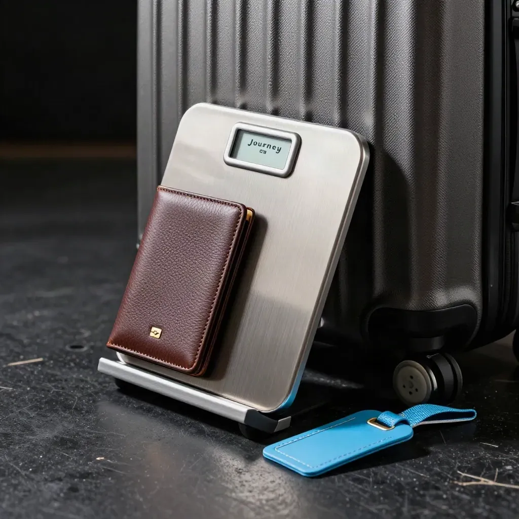 Luggage scale, suitcase shell, passport wallet, and sky-blue tag strap on a dark bench