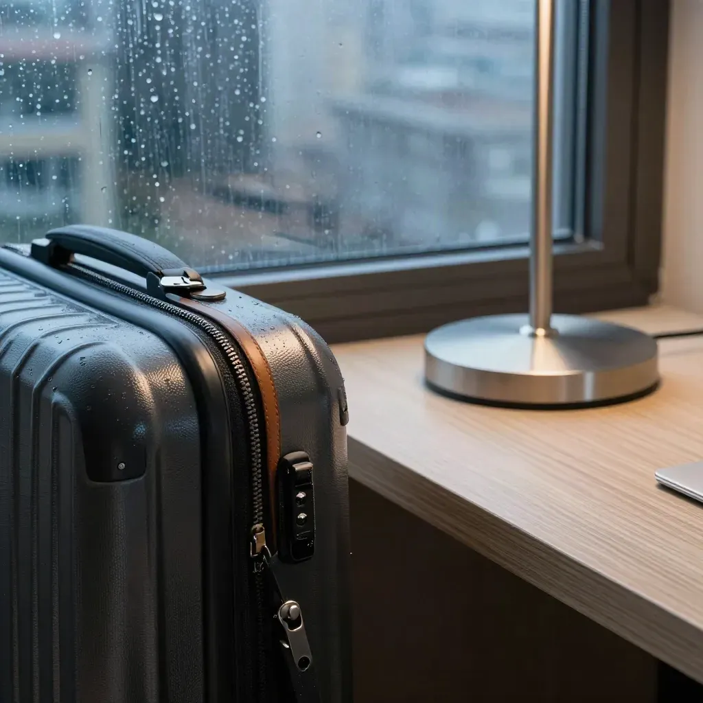 Rainy hotel room corner with carry-on, desk edge, and glowing window light