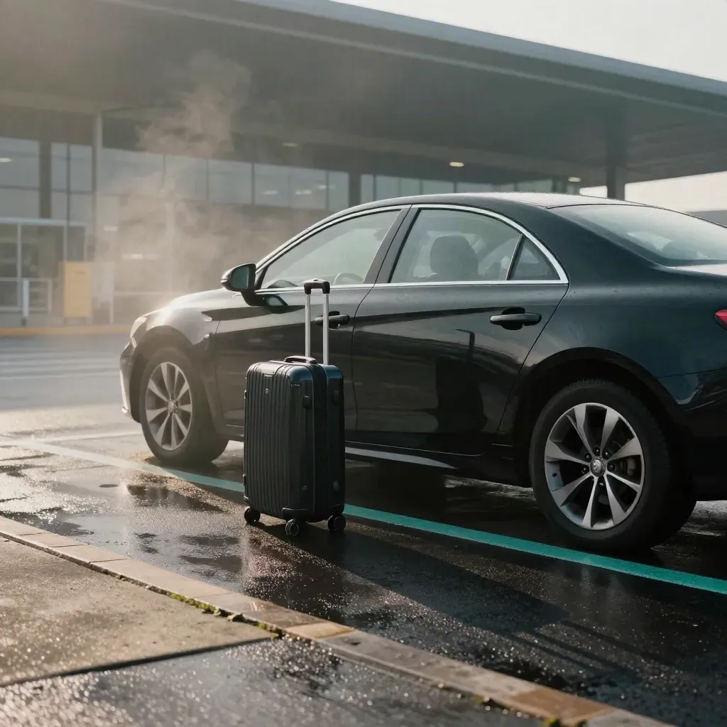 Black sedan at a misty airport curb with a suitcase and wet palm-shadowed pavement before sunrise.