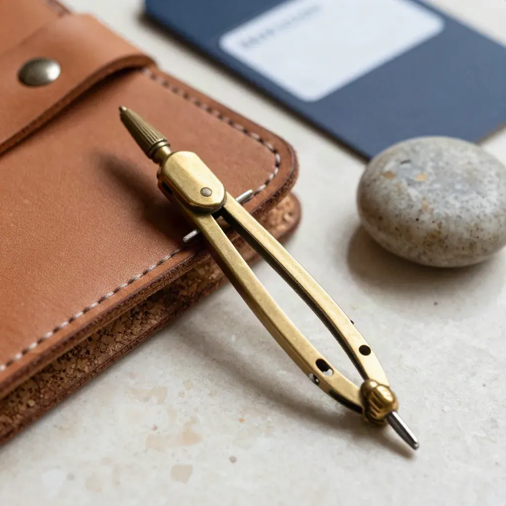 Brass compass beside leather travel tools on travertine, lit by a hard upper-left beam.