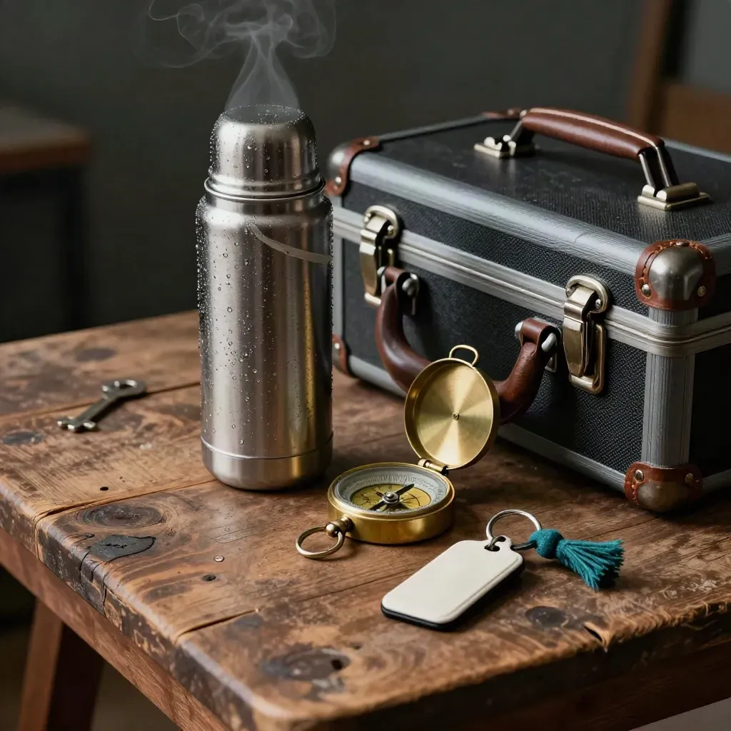 Road-trip thermos, brass compass, key fob and road case on a wood table in moody light.