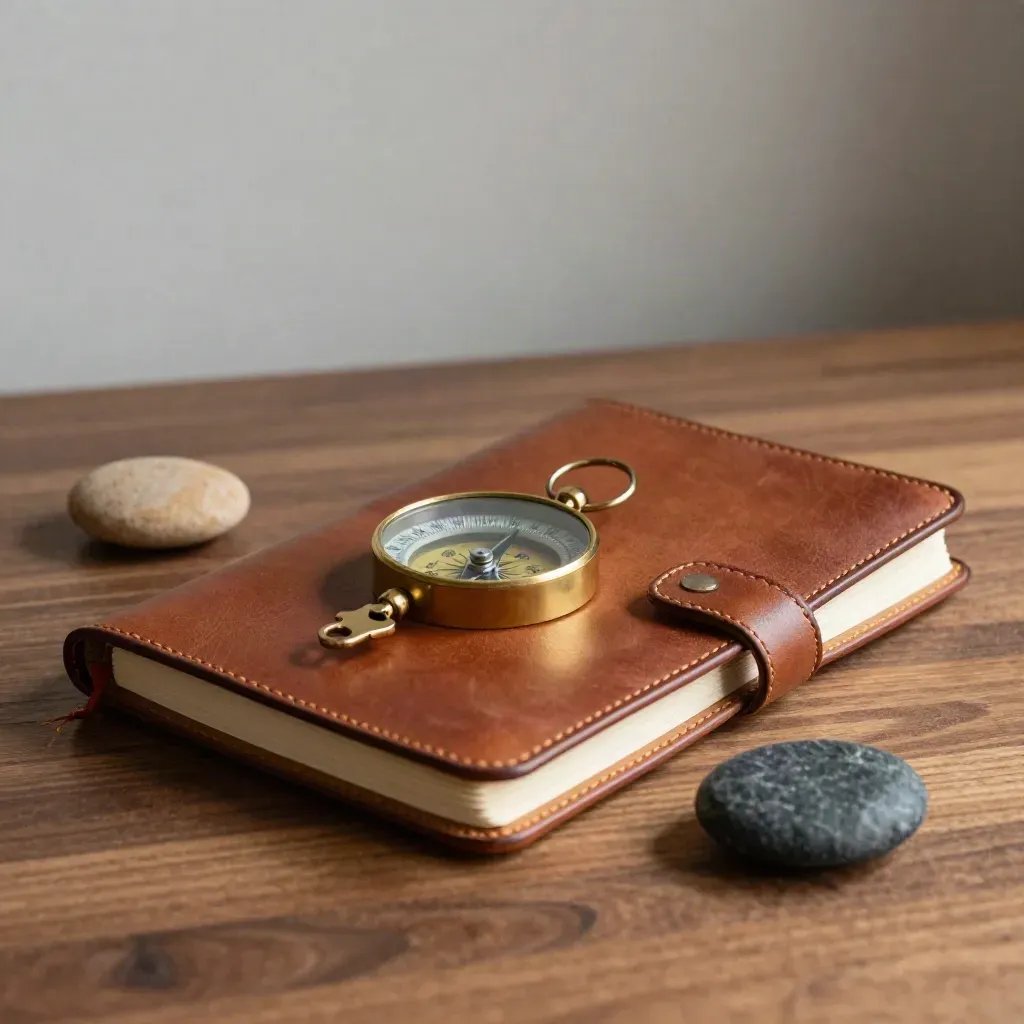 Leather notebook, brass compass, and stones on a walnut desk in soft side light.