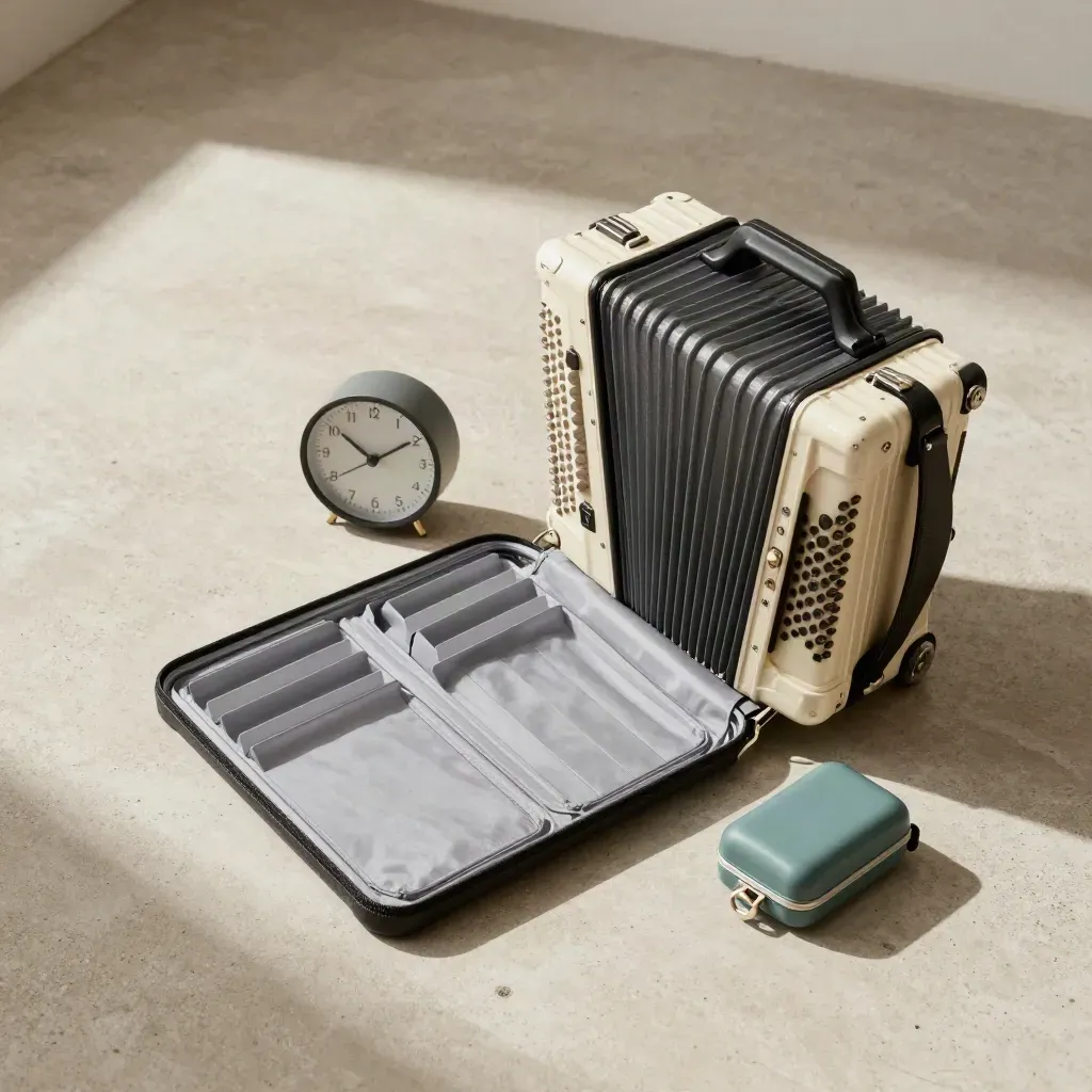 Overhead flatlay of a travel organizer, miniature suitcase and desk clock on pale stone.