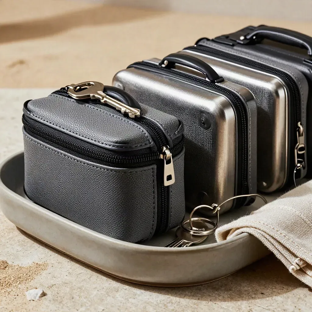 Three travel cases, key ring and luggage tag loop in a ceramic tray on limestone, lit softly from one side.