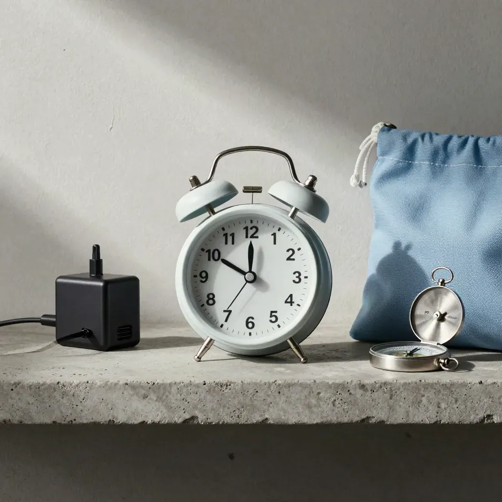Travel backup kit on a stone shelf: alarm clock, charger, pouch and compass in soft side light.