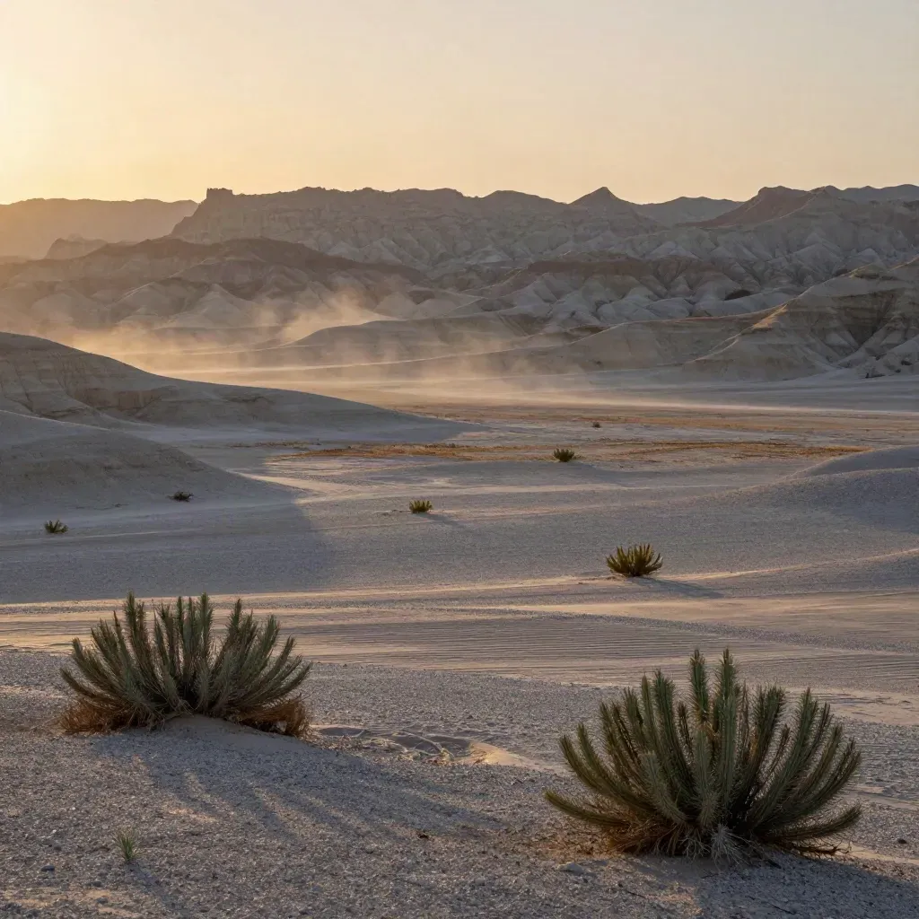 Big Bend badlands and mesas at dawn with open desert foreground