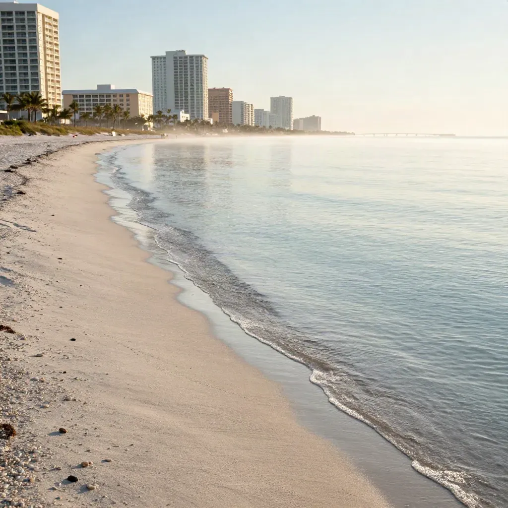 Hazy Florida shoreline with glassy water and a distant coastal skyline at sunrise.