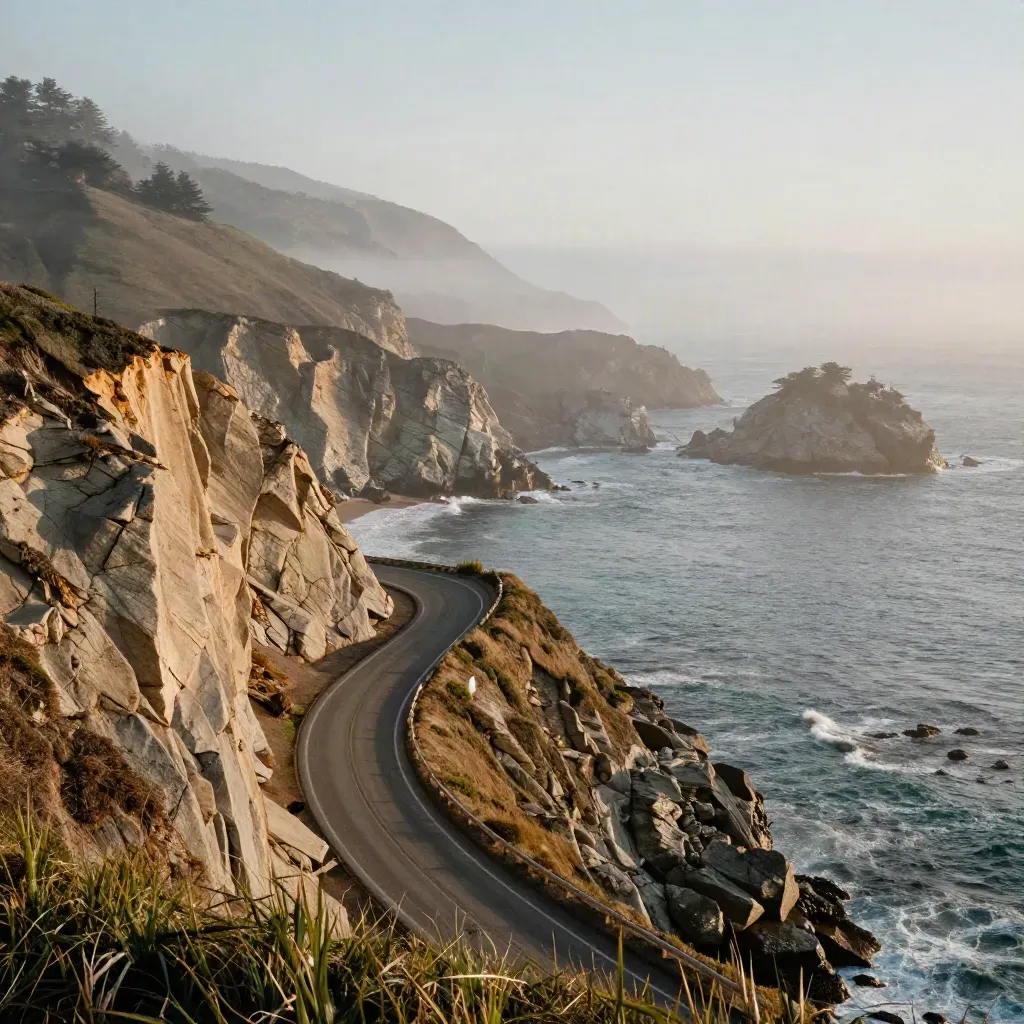 Big Sur cliffs and a winding coastal road in warm morning haze above calm misty sea