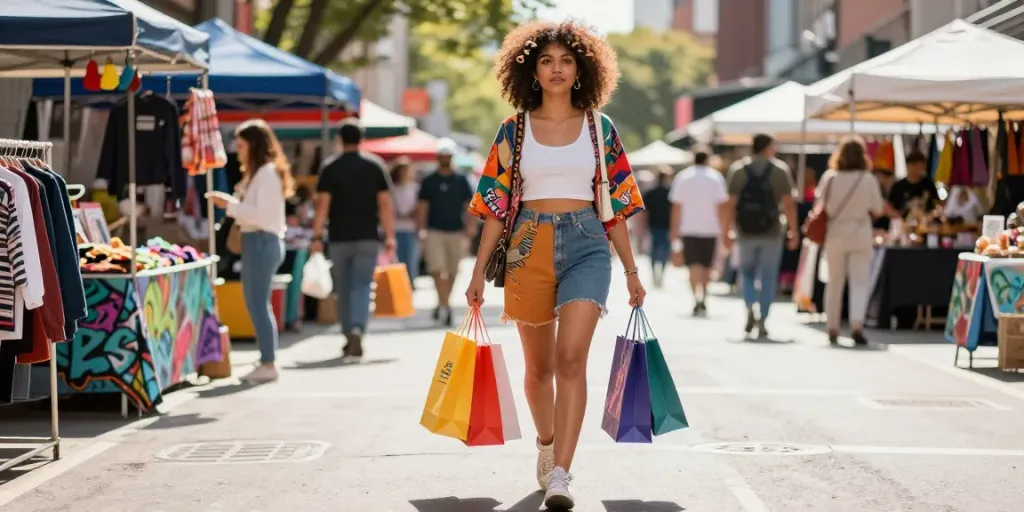 Stylish woman with curly clip ins shopping in vibrant urban market setting