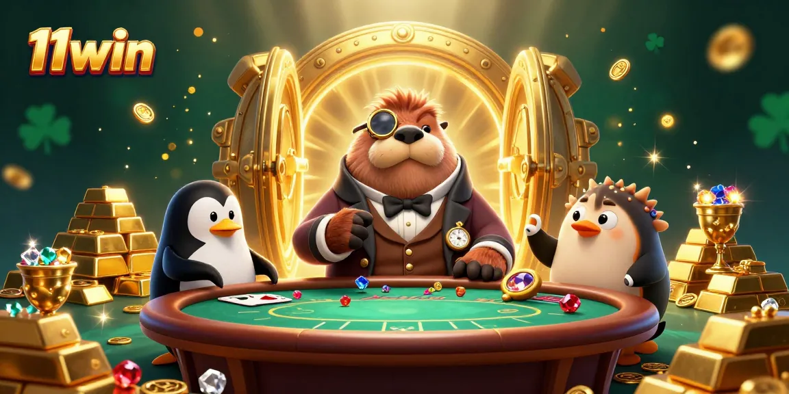 Engage with 11win's underwater poker scene featuring a walrus, penguin dealer, and pufferfish player.