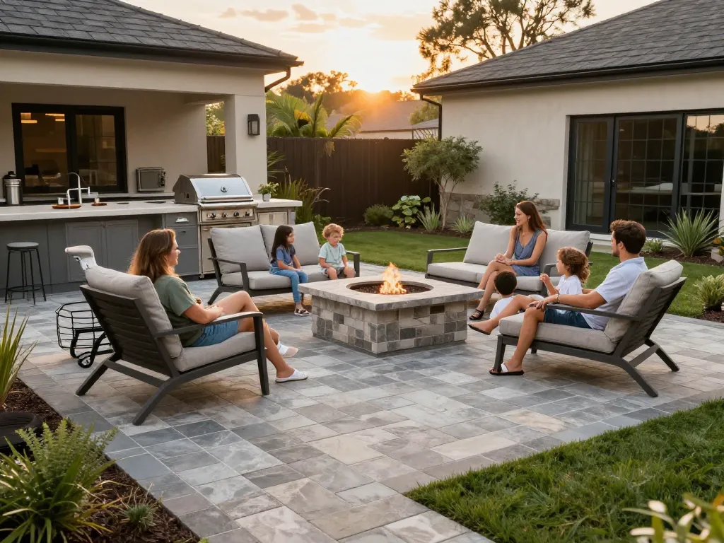 Paver companies near me enhancing outdoor living with family enjoying a luxury patio.