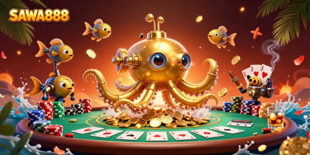 Engage in thrilling action with SAWA888, where a golden kraken submarine emerges amid poker chaos!