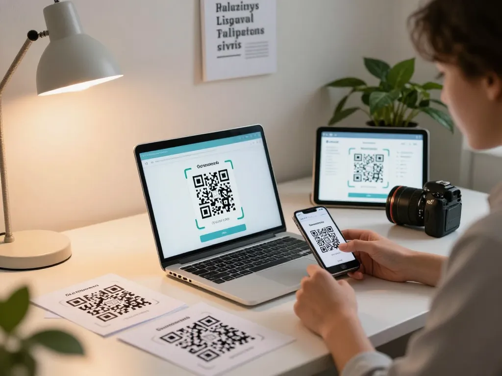 Online QR code reader in action with laptop scanning code amidst a modern tech workspace.