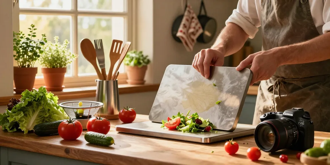 Preparing fresh salad on the best titanium cutting board in a cozy kitchen.