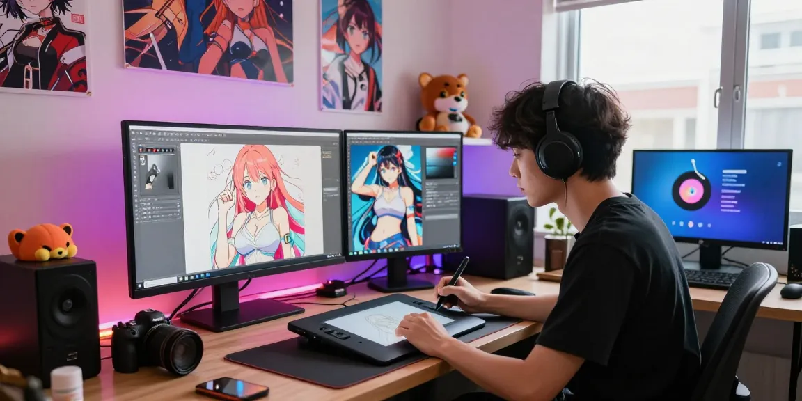 Artist creating AI ecchi illustrations in a vibrant digital art studio, showcasing tools and colorful artworks.