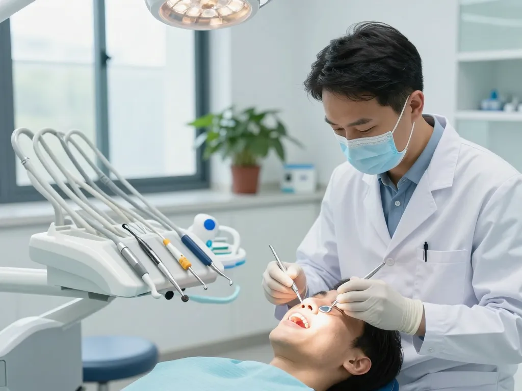 Dental tools being expertly used by a dentist during a patient examination in a modern clinic.