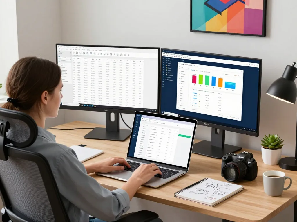 Professional using WPS Office on a laptop in a modern workspace with productivity tools