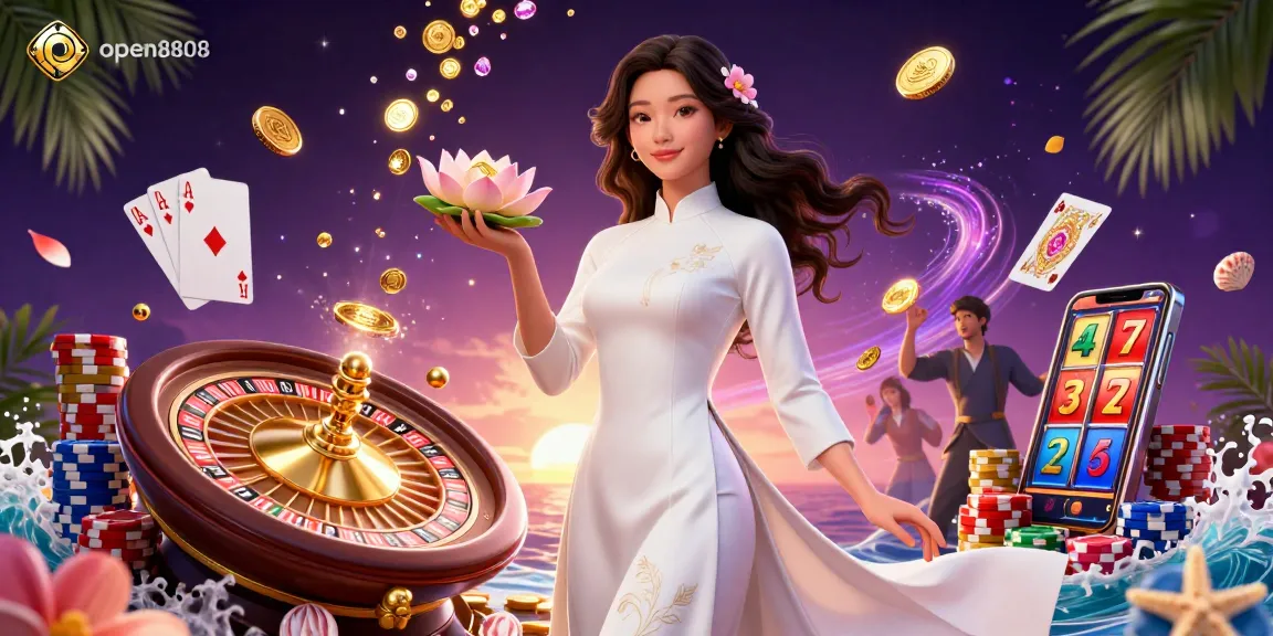 Experience the thrill of open8808 with dynamic casino elements and a graceful female character amidst golden riches.