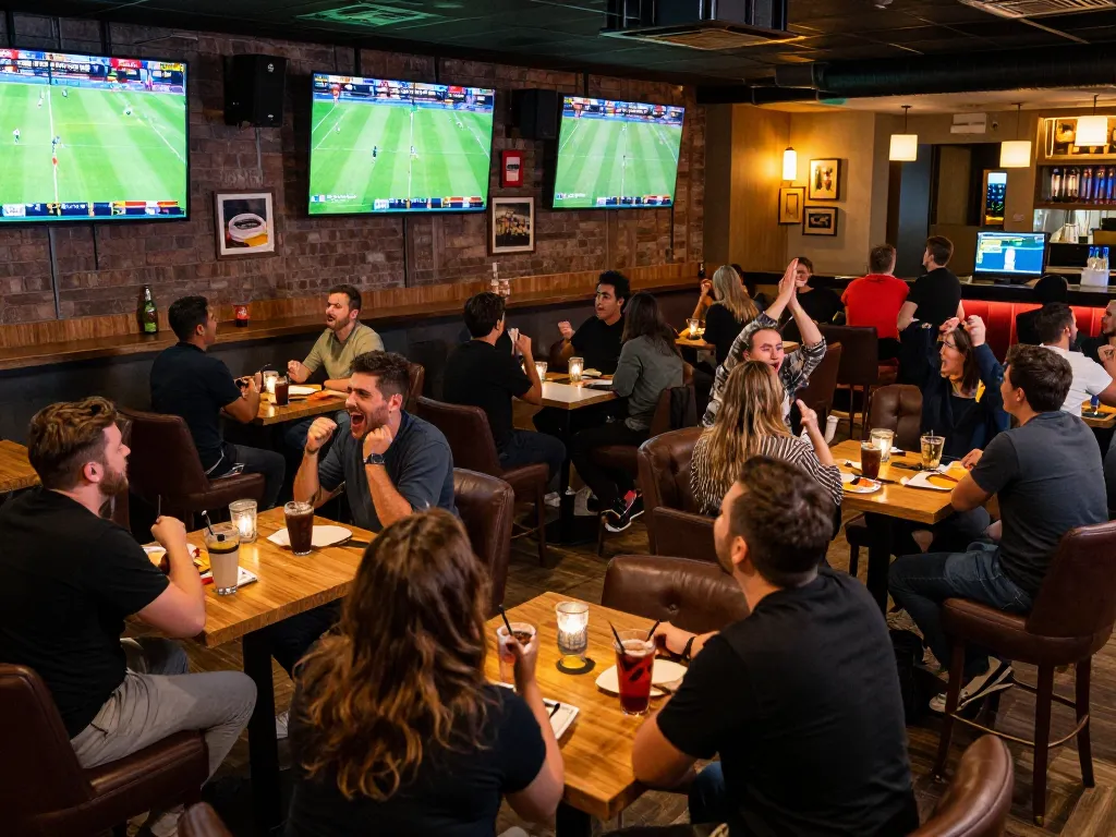 SOCOLIVE viewers celebrating exciting soccer moments while placing bets at a lively sports bar