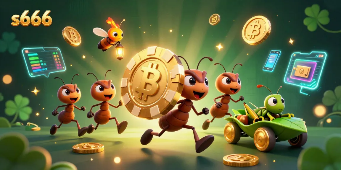 Experience the thrilling action of s666 with a heist scene featuring cartoon ants and crypto elements.