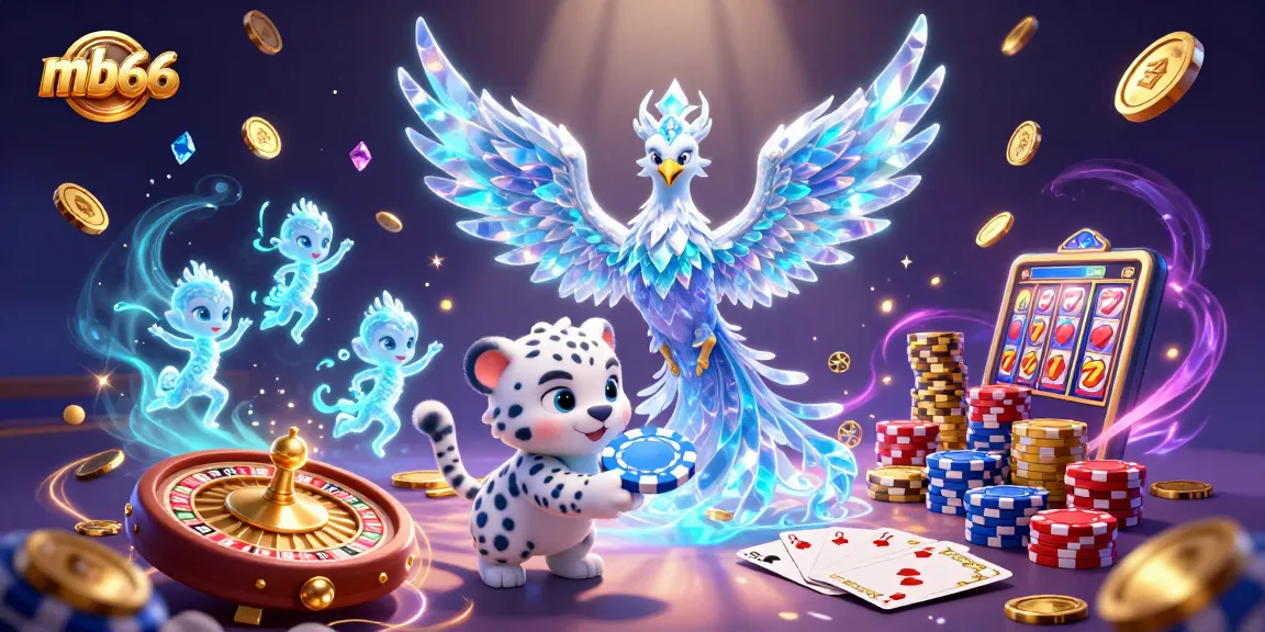 Experience thrilling gameplay at mb66 with an ice phoenix, vibrant gemstones, and dynamic casino elements.