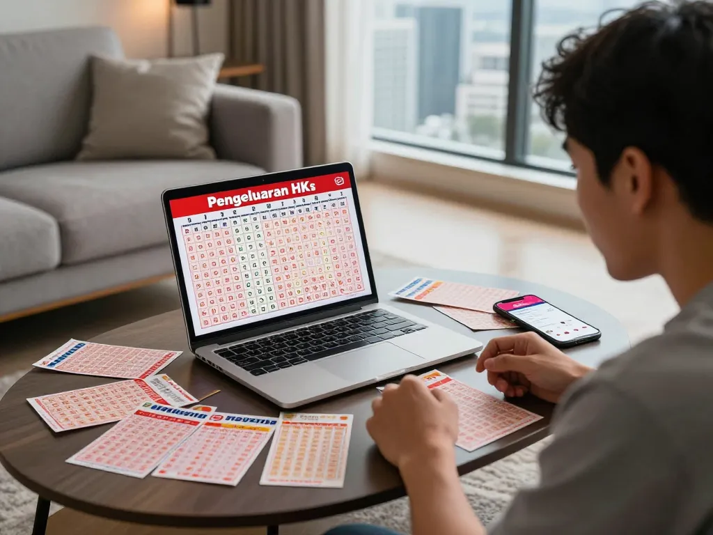 Pemain yang bersemangat memeriksa hasil Pengeluaran HK Lotto di laptop dikelilingi oleh tiket lotere.