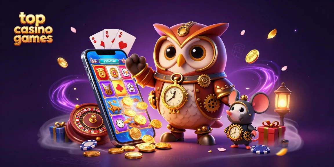 Engage in top casino games with our vibrant owl and mouse characters amidst a lively casino scene.