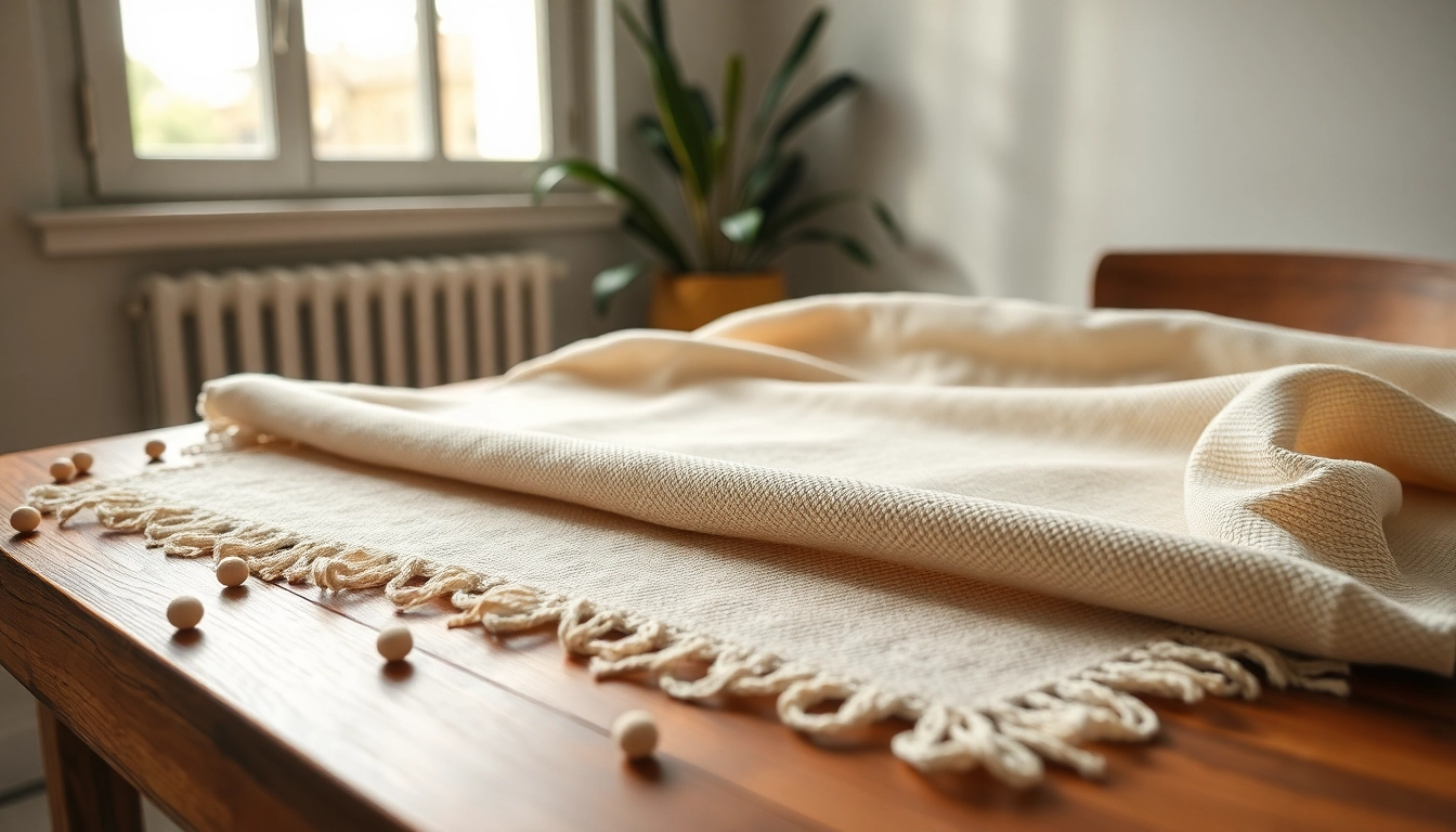 Katoen stof met rijke textuur op een houten tafel, sfeervol belicht door natuurlijk licht.