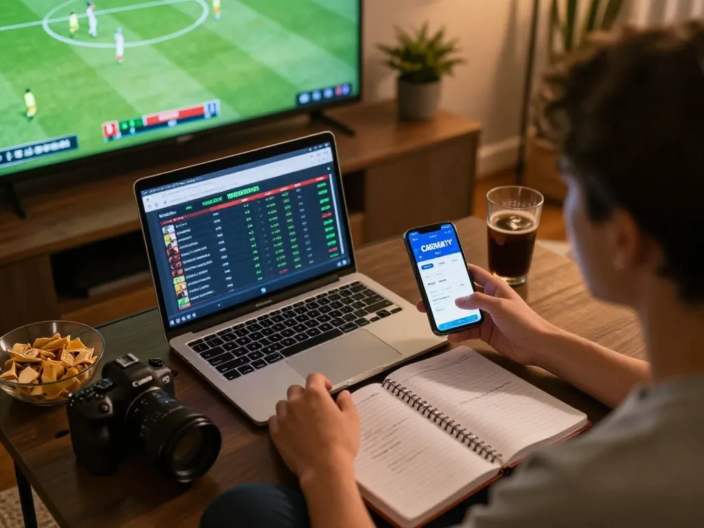 Person using CAKHIATV app for live sports betting while watching a match, showcasing an engaging home gaming atmosphere.