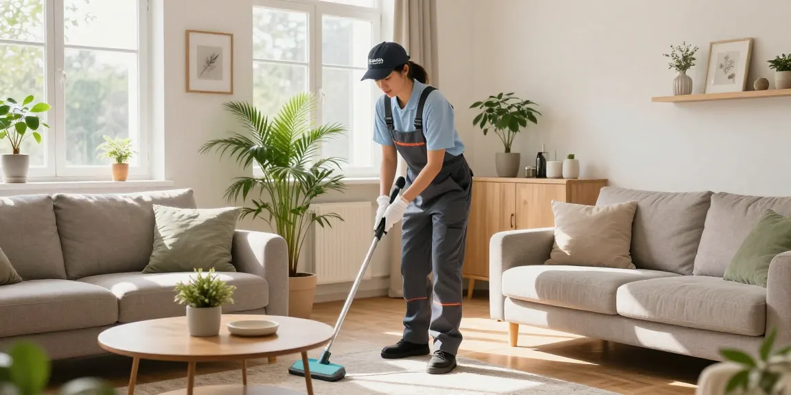 Professional cleaner from putzinstitute bern organizing a bright living room for a clean and inviting home.