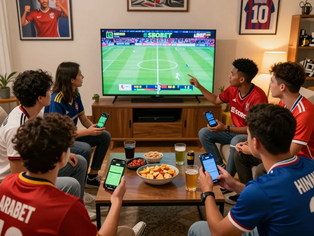 SBOBET sports betting excitement with friends watching live events and placing bets.