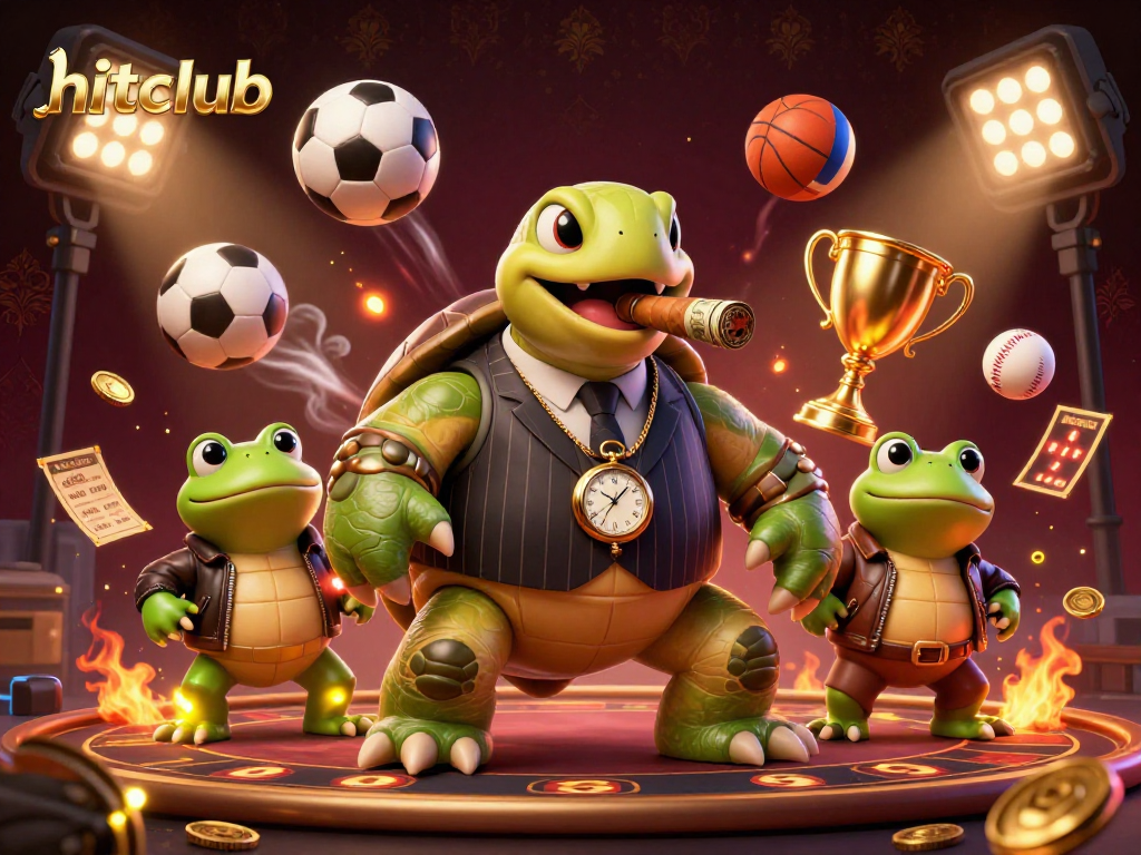 Engage with hitclub's thrilling sports betting experience amidst vibrant 3D digital casino illustrations.