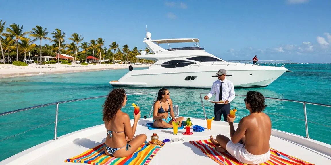 Punta Cana yacht rental experience featuring a luxury yacht, guests relaxing, and tropical drinks.