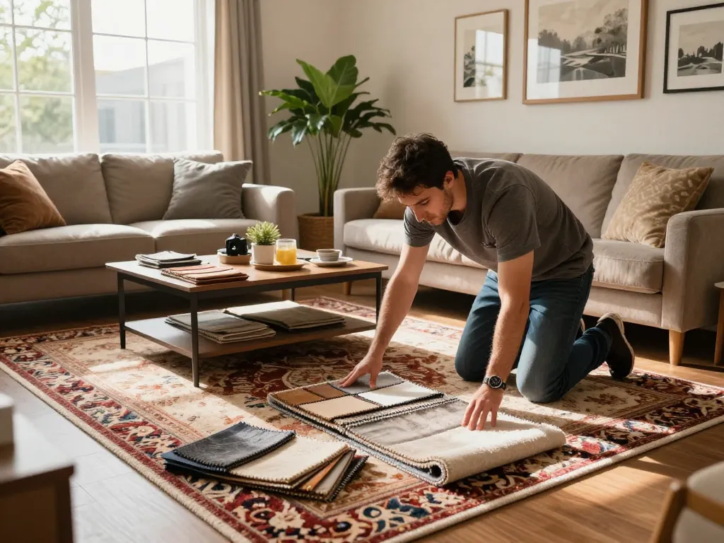 Professional carpet fitting services West London being demonstrated in a cozy living room.