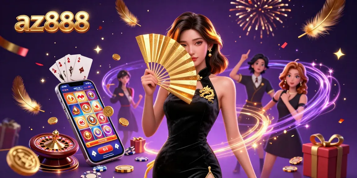 Spin to win with az888: An enticing scene of dynamic casino excitement featuring games, coins, and festive energy.